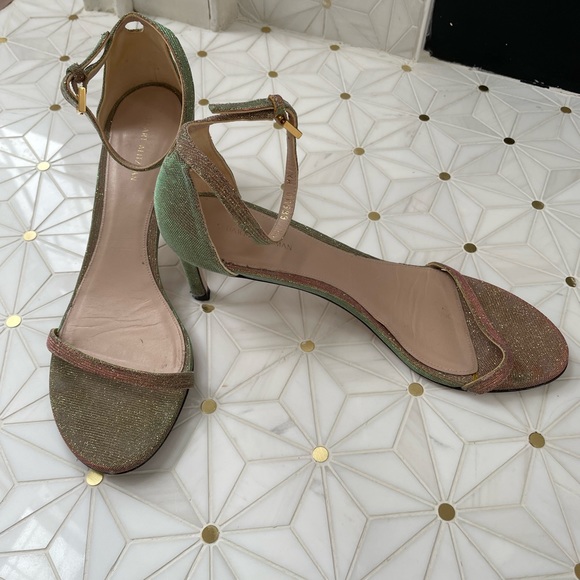 Stuart Weitzman gold shimmer low heel sandals